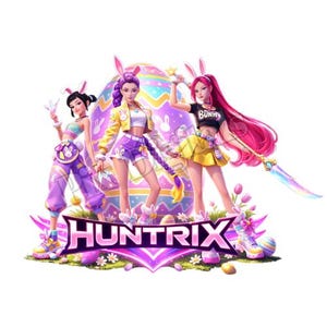 Peut inclure: Illustration numérique de trois personnages de style anime vêtus de tenues sur le thème de Pâques, chacun avec des oreilles de lapin. Les personnages se tiennent devant un grand œuf de Pâques décoré. L'image comprend le texte "HUNTRIX".