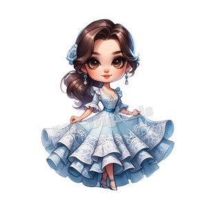 Ballerina di flamenco ai mirtilli - 5 immagini digitali PNG, vestito blu clipart, PNG di alta qualità, png di arte digitale, trasferimento DTF, uso commerciale