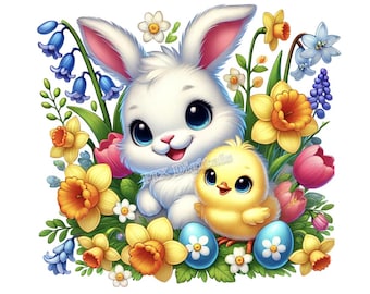 Easter Cuties Clipart - 1 Digital Image, Clipart Easter, DTF Transfer, SVG, Bunny PNGs, Chick PNG, Digital Image Easter, Commercial Use