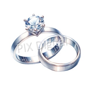 Peut inclure: Deux alliances en argent, l'une avec un gros diamant rond et transparent. Le diamant est serti à griffes.