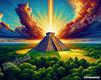 Chichen Itza Art Print – Abstract Pointillism, Mayan Pyramid (Digital Download)