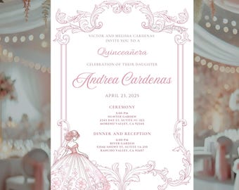Elegant Quinceañera Invitation – Pink or Blue, Editable Template