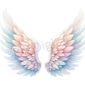 Peut inclure: Une paire d'ailes d'ange en aquarelle avec des plumes douces roses, bleues et blanches. Les ailes sont déployées et ont un aspect délicat et éthéré.