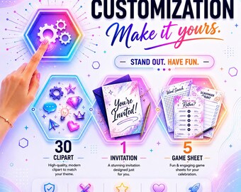 Custom the Theme -  Dream it, I Design it -  Bundle includes Invitation, Clipart and Game Sheets  ( All Digital )