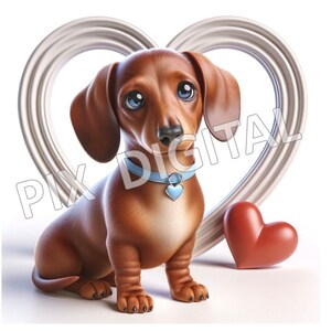 Peut inclure: Un chiot teckel marron aux grands yeux bleus, portant un collier bleu clair avec une étiquette en forme de cœur. Le chiot est assis devant un cadre en forme de cœur argenté et un cœur rouge.