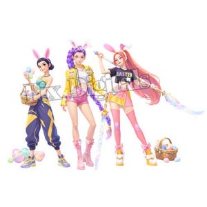 Peut inclure: Trois personnages de style anime vêtus de tenues sur le thème de Pâques, chacun avec des oreilles de lapin. L'un tient un panier d'œufs, un autre une épée et le troisième un pinceau. Les tenues présentent des couleurs vives comme le jaune, le rose et le bleu.