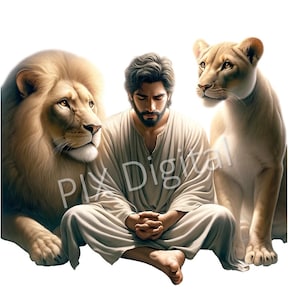 Devoted Daniel with Lions - Digital Image PNG, Clipart, High Quality PNGs, Digital Art png, DTF Transfer , PNG