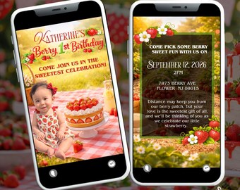 Strawberry Birthday Invitation  | Berry First Birthday Invitation with Music | Strawberry 1st Birthday Animated Ecard | Editable Digital
