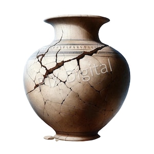 Può includere: Un vaso di ceramica beige screpolato con una fascia decorativa attorno al centro. Il vaso è rotto in molti pezzi.