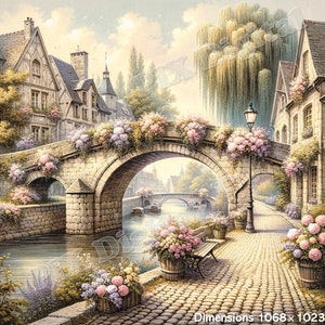 Peut inclure: Un pont de pierre avec des arches au-dessus d'un canal dans un village européen. Le pont est décoré de fleurs roses et violettes. Il y a des bâtiments des deux côtés du canal, et une rue pavée s'éloigne du pont.