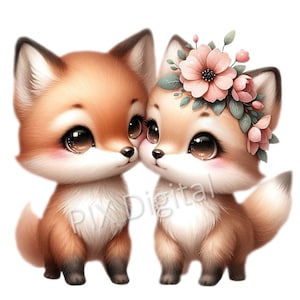 Könnte beinhalten: Zwei entzückende Cartoon-Füchse mit großen Augen. Der Fuchs rechts trägt eine rosa Blumenkrone.
