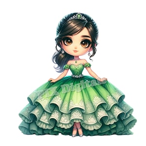 Enchanted Forest Quinceanera-5 digitale afbeeldingen, Clipart groene prinses, hoge kwaliteit, DTF-overdracht, groene prinses PNG, commercieel gebruik.