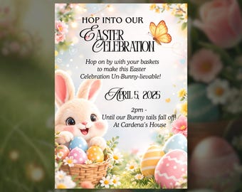 Hoppy Easter Invitation Template – Bunny, Eggs, Pastel Spring Celebration (Digital Download)