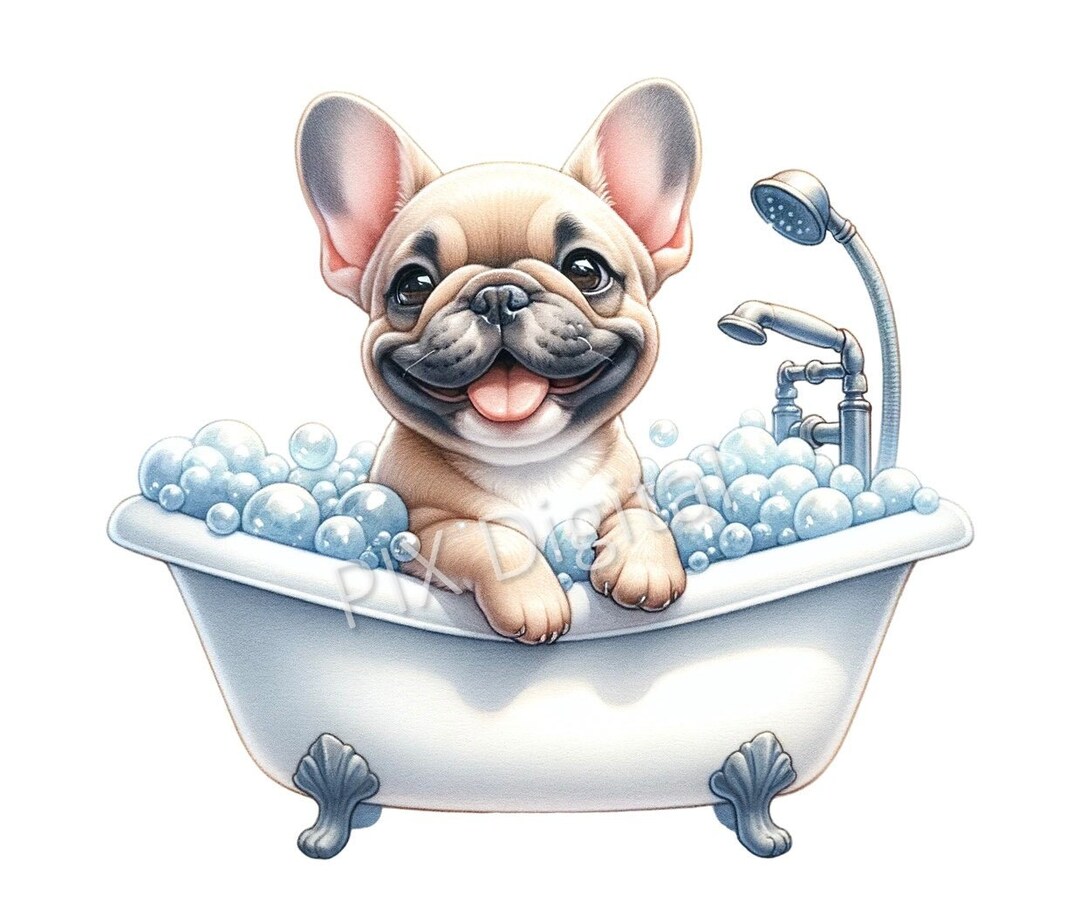 Bubble Bath Frenchie- Digital Image PNG, Bathtub Clipart, High Quality ...