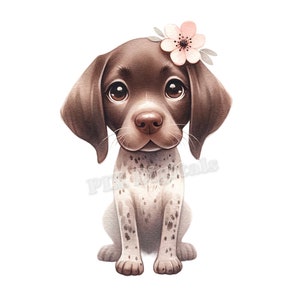 Peut inclure: Un chiot tacheté brun et blanc avec une fleur rose sur la tête est assis et regarde la caméra.