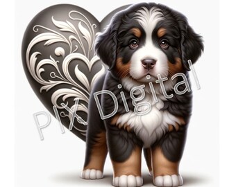 Cute Bernese Mountain Puppy with Gray Valentine Day Heart - Digital Image, High Quality PNGs, Instant Download, Digital Art, Commercial Use