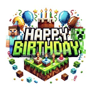 Mergulhe na diversão de aniversário do Minecrafter - 8 imagens digitais, PNGs, clipart do Minecrafter, transferência DTF, festa de aniversário do Minecrafter, uso comercial