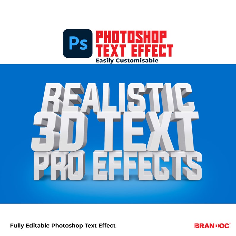 Puede incluir: Una plantilla de efecto de texto 3D para Photoshop con las palabras "Realistic 3D Text Pro Effects" en blanco, sobre un fondo azul. El texto es f&aacute;cilmente personalizable y totalmente editable.