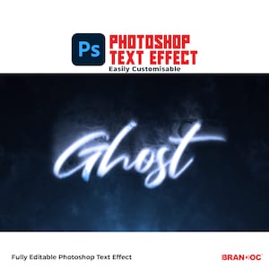 May include: A Photoshop text effect that creates a ghostly, glowing effect. The word "Ghost" is written in a white, cursive font and appears to be floating in a blue and white smoky background. The text "Photoshop Text Effect" is written in red above the word "Ghost".