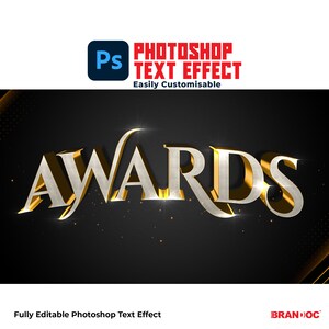 May include: A gold and silver 3D text effect that says "AWARDS" on a black background with gold and white sparkles. The text is easily customisable in Photoshop.