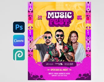 Mall för musikfestivalflyer: Redigerbar affisch för klubbevenemang (Canva och PSD)