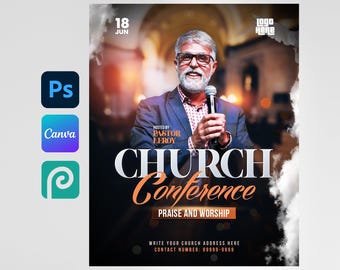 May include: A flyer for a church conference on June 18th, featuring a man speaking at a podium. The flyer is titled "Church Conference" and includes the text "Praise and Worship".
