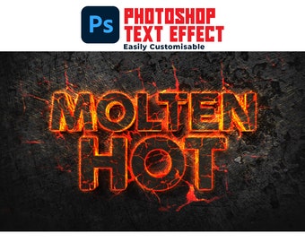 Puede incluir: Efecto de texto Molten Hot en Photoshop. El texto se representa en 3D con un brillo naranja fuego y una textura agrietada similar a la lava. El fondo es una superficie oscura y texturizada.