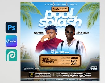 May include: A blue and white poster with a pool splash theme. The poster advertises a pool party with the text "Pool Splash" in large, white letters. The poster also includes the names "Aproko" and "Zino Dore" and the date "26th June 2:00pm".