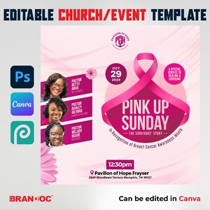 May include: Pink Up Sunday flyer for a special service of healing and covering at the Pavilion of Hope Frayser on October 29, 2023 at 12:30pm. The flyer features a pink ribbon and the text "The Survivors' Story" in recognition of Breast Cancer Awareness Month.