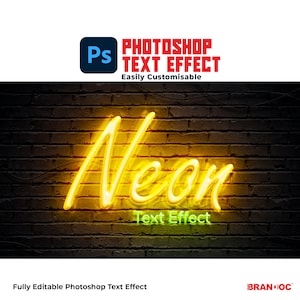 Puede incluir: Un letrero de neón con la palabra "Neon" en amarillo y "Text Effect" en verde sobre un fondo de pared de ladrillo. El letrero es un efecto de texto de Photoshop.