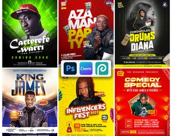 Zestaw szablonów ulotek na wydarzenia: klub, impreza, media społecznościowe (Canva i Photoshop)
