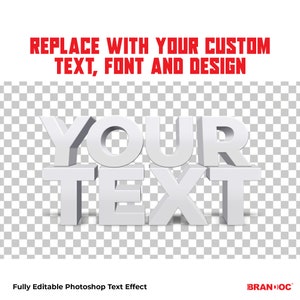 Puede incluir: Efecto de texto 3D blanco con las palabras "YOUR TEXT" sobre un fondo transparente. Reemplace con su texto, fuente y dise&ntilde;o personalizados. Efecto de texto Photoshop totalmente editable. BRANDDOC