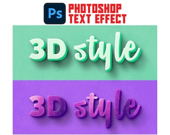 May include: Photoshop text effect tutorial showing how to create a 3D style text effect. The text "3D style" is shown in two different styles, one with a light green color and the other with a purple and blue color.