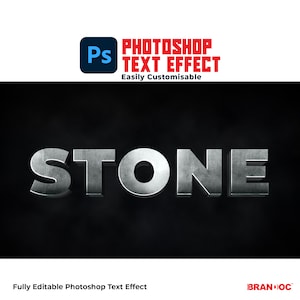 May include: A Photoshop text effect that creates a 3D metallic stone effect. The word "STONE" is rendered in a silver color with a textured surface. The text effect is easily customizable.