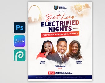 May include: A flyer for a church event called "Saint Louis Electrified Nights" hosted by CMD Lamai. The event features prophecies, healing, and deliverance. It takes place at the Bridgeton Banquet Centre on September 29, 30, and October 1 from 7 PM to 10 PM.