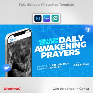 Puede incluir: Un gráfico azul y blanco con el texto "Join us on Zoom for Daily Awakening Prayers" y los detalles de la reunión: ID de la reunión: 901 000 0000, Hora: 6:00-6:30 am, Contraseña: PASSION. El gráfico también incluye una imagen estilizada de un teléfono inteligente con la aplicación Zoom abierta.