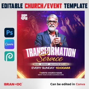 May include: A red and purple church service flyer with a man speaking at a microphone. The flyer says "Transformation Service" and "Every Sunday 10:00 AM".
