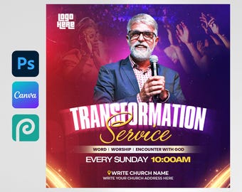 May include: A red and purple church service flyer with a man speaking at a microphone. The flyer says "Transformation Service" and "Every Sunday 10:00 AM".