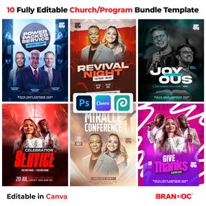 10 Canva Editable Church program Flyer Template bundle, Editable in Canva, Photoshop, and PhotoPea | Church Service Flyer, Social media, PSD