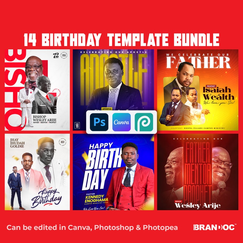 Op de afbeelding: Een bundel van 14 verjaardagssjablonen voor Canva, Photoshop en Photopea. De sjablonen bevatten kleurrijke ontwerpen met tekst die "Happy Birthday", "Celebrating Our Apostle", "We Celebrate Our Father" en "Father, Mentor, Prophet" zegt.