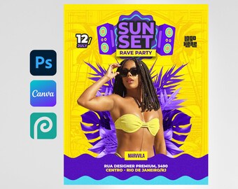 May include: A yellow and purple flyer for a rave party called "Sunset Rave Party" on July 12th. The flyer features a woman wearing sunglasses and a yellow bikini top, with a tropical background. The text "Logo Here" is at the top of the flyer.
