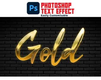 May include: Gold text effect Photoshop template with a gold "Gold" text on a black brick wall background. Easily customizable.