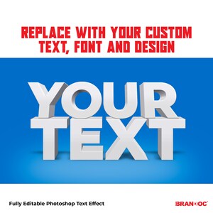 Puede incluir: Una maqueta de efecto de texto 3D con las palabras "YOUR TEXT" en blanco, sobre un fondo azul. El texto est&aacute; en negrita, fuente sin serifas. El texto es totalmente editable en Photoshop.