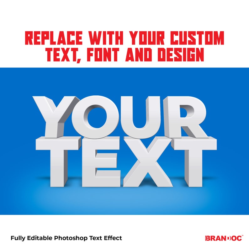 Puede incluir: Una maqueta de efecto de texto 3D con las palabras "YOUR TEXT" en blanco, sobre un fondo azul. El texto est&aacute; en negrita, fuente sin serifas. El texto es totalmente editable en Photoshop.