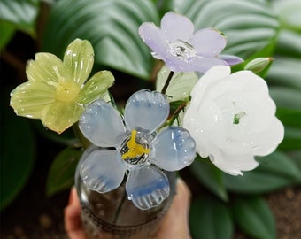 Blauwe glazen bloemen, schattige glazen bloemen, Magnolia glazen sculptuur bloem, mini kamer decor, glazen sculpturen