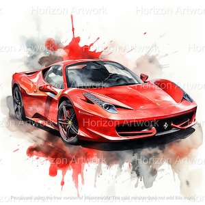 May include: Watercolor painting of a red sports car with black wheels and accents. The car is depicted with artistic red paint splatters and gray shading, set against a white background. The Ferrari logo is visible on the car.