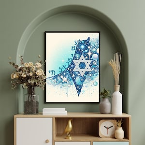 Póster digital Shalom Israel Chai: estrella de David y arte judaico brillante, decoración de pared sionista, regalo judío imprimible, bendición hebrea para el hogar
