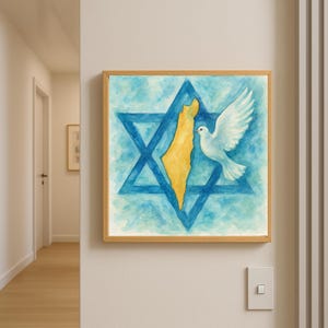 Israel Map & Friedenstaube - Illustration zum Ausdrucken in Wasserfarben und Aquarell mit Davidstern (40 x 40 cm Download)
