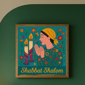 Shabbat Shalom Art: Joodse vrouw in gebed, kleurrijke judaica (digitale download, afdrukformaat 15,7 inch)