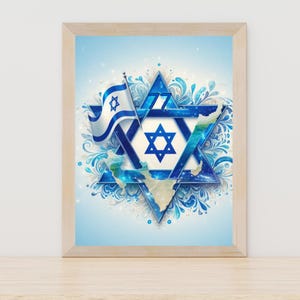 Estrella de David y bandera israelí: póster de la Independencia de Israel 77, arte mural judaico imprimible